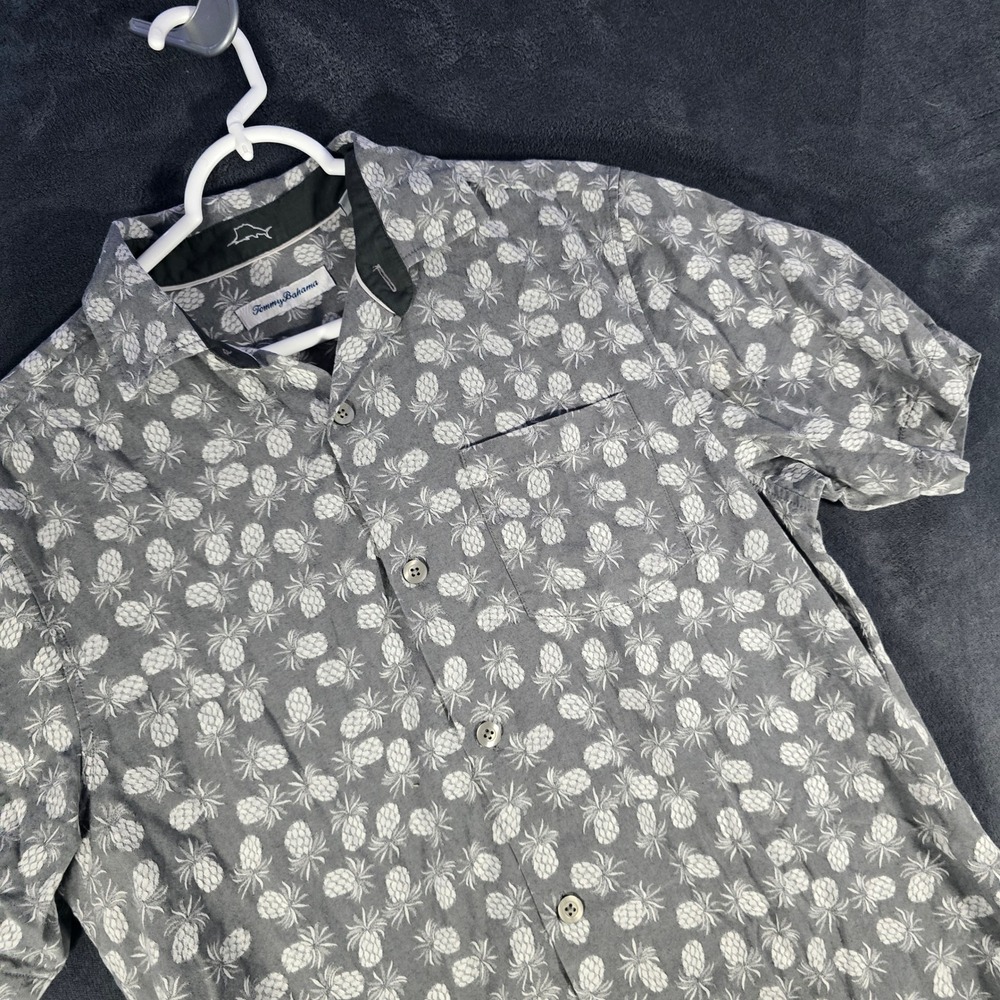 Tommy‎ Bahama Gray Pineapple Print Short Sleeve Button Up Shirt Mens